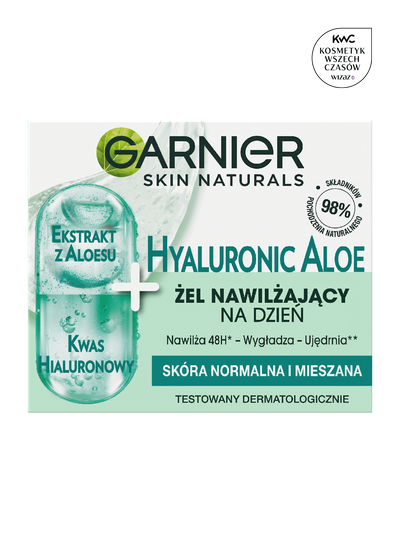 Reklama nawilżającego żelu Garnier Hyaluronic Aloe z motywem aloesu i kwasu hialuronowego