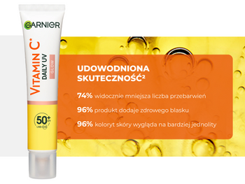 Żółto-biała tubka Garnier Vitamin C Daily UV Glow obok pomarańczowego opakowania, na żółtym tle