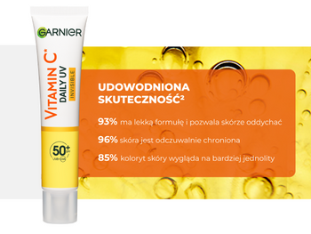 Tubka filtra Garnier Vitamin C Daily UV Invisible 50+ obok pomarańczowego opisu, na żółtym tle