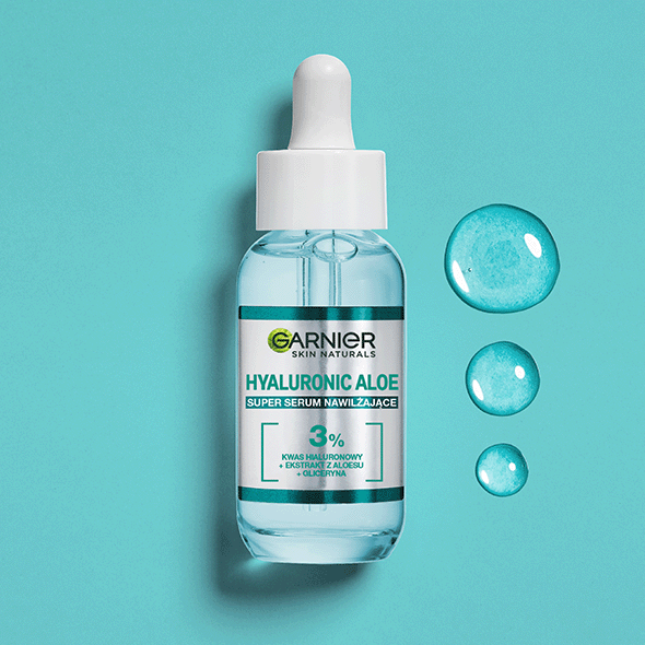 Buteleczka serum Garnier Hyaluronic Aloe Super Serum z pipetą i trzema turkusowymi kroplami