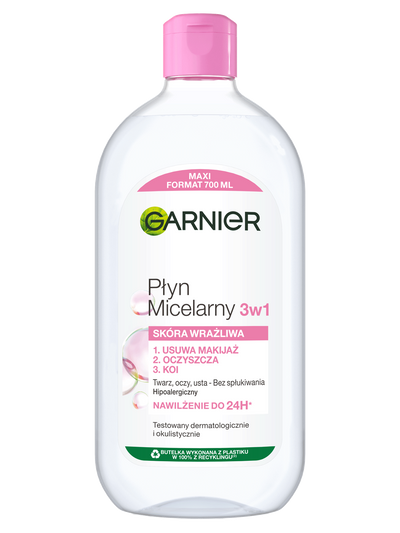 Przezroczysta butelka płynu micelarnego 3w1 Garnier z różowym kapslem, maxi format 700 ml