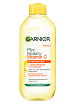 Żółta butelka płynu micelarnego Garnier Vitamin C, na białym tle