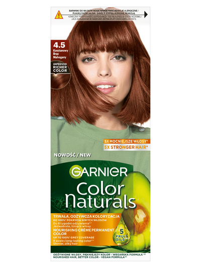 Garnier Color Naturals 4.5, Kasztanowy Brąz, odżywcza farba do włosów, do 100% pokrycia siwych włosów