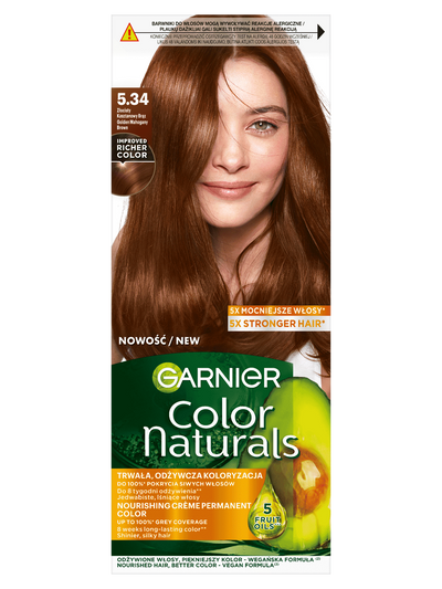 Garnier Color Naturals 5.34, Złocisty Kasztanowy Brąz, odżywcza farba do włosów, do 100% pokrycia siwych włosów
