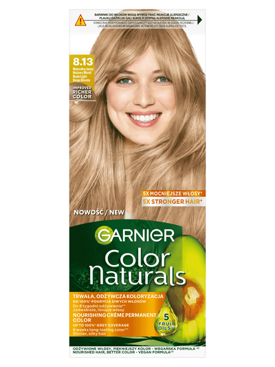 Garnier Color Naturals 8.13, Naturalny Jasny Blond, odżywcza farba do włosów, do 100% pokrycia siwych włosów