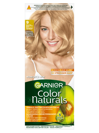 Garnier Color Naturals 9, Naturlany Bardzo Jasny Blond, odżywcza farba do włosów, do 100% pokrycia siwych włosów