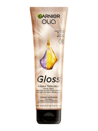 Tubka maski tonującej Garnier Olia Gloss z blond włosami i fioletowo-złotą kroplą olejku