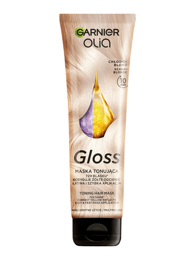 Tubka maski tonującej Garnier Olia Gloss z blond włosami i fioletowo-złotą kroplą olejku