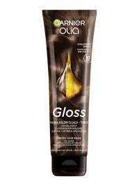 Ciemnobrązowa tubka maski tonującej Garnier Olia Gloss z dzieloną kroplą olejku i brązowymi włosami