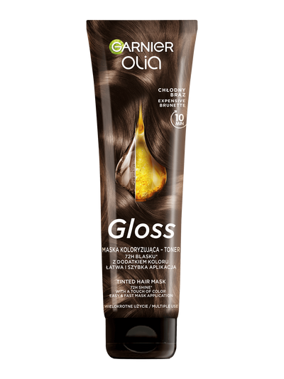 Ciemnobrązowa tubka maski tonującej Garnier Olia Gloss z dzieloną kroplą olejku i brązowymi włosami
