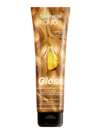 Tubka maski Garnier Olia Gloss Słoneczny Blond z falowanymi blond włosami i złotą kroplą olejku