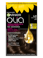 Opakowanie farby Garnier Olia ze słonecznikiem i kroplą olejku na ciemnobrązowych włosach