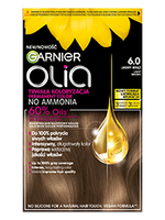 Brązowe opakowanie farby Garnier Olia z dużą kroplą olejku i słonecznikiem u góry