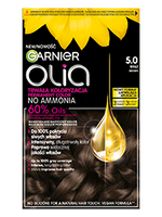 Opakowanie farby Garnier Olia 5.0 Brąz z kroplą olejku na ciemnobrązowych włosach