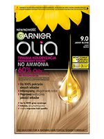 Opakowanie farby Garnier Olia ze słonecznikiem i kroplą olejku na blond włosach