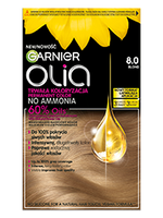 Opakowanie farby Garnier Olia 8.0 Blond ze słonecznikiem i kroplą olejku na brązowych włosach