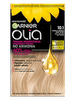Opakowanie farby Garnier Olia z kroplą olejku, słonecznikiem i falowanymi blond włosami, na jasnym tle