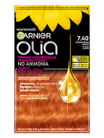 Opakowanie farby Garnier Olia 7.40 Intensywny Miedziany Blond ze słonecznikiem i kroplą olejku