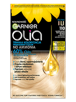 Opakowanie farby Garnier Olia z kroplą olejku i blond włosami, słonecznik u góry