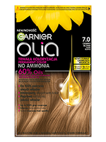 Opakowanie farby Garnier Olia z opisem i próbką koloru, ujęcie studyjne