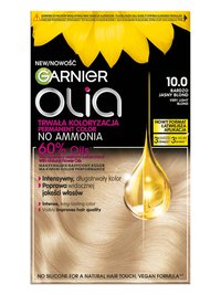 Opakowanie farby Garnier Olia 10 z kroplą olejku na bardzo jasnoblond włosach, słonecznik na czarnym tle