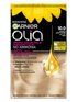 Opakowanie farby Garnier Olia 10 z kroplą olejku na bardzo jasnoblond włosach, słonecznik na czarnym tle