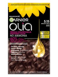 Opakowanie farby Garnier Olia 5.15 Mroźny Brąz z kroplą olejku na brązowych włosach, słoneczniki