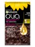 Opakowanie farby Garnier Olia 5.15 Mroźny Brąz z kroplą olejku na brązowych włosach, słoneczniki