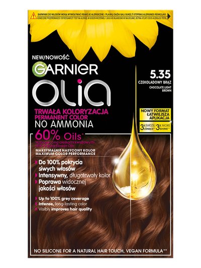 Opakowanie farby Garnier Olia 5.35 Czekoladowy Jasny Brąz z opisem, na czarnym tle
