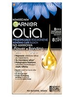 Opakowanie rozjaśniacza Garnier Olia Bondino z niebieskimi kwiatami i złotą kroplą olejku