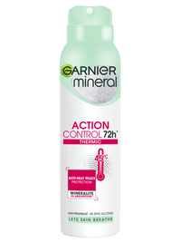 Biało-jasnozielona puszka antyperspirantu Garnier Mineral Action Control 72h, na białym tle