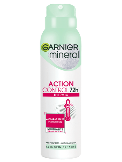 Biało-jasnozielona puszka antyperspirantu Garnier Mineral Action Control 72h, na białym tle