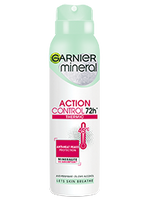 Biało-jasnozielona puszka antyperspirantu Garnier Mineral Action Control 72h, na białym tle