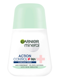 Biała butelka dezodorantu w kulce Garnier Mineral Action Control+ 96h z jasnozielonym kapslem
