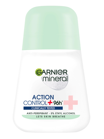 Biała butelka dezodorantu w kulce Garnier Mineral Action Control+ 96h z jasnozielonym kapslem