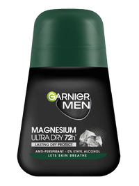 Czarna butelka dezodorantu w kulce Garnier Men Magnesium Ultra Dry 72h z ciemnozielonym kapslem