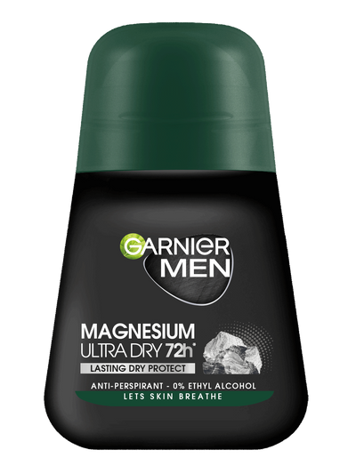 Czarna butelka dezodorantu w kulce Garnier Men Magnesium Ultra Dry 72h z ciemnozielonym kapslem