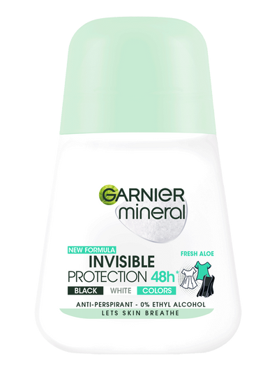 Biała butelka dezodorantu w kulce Garnier Mineral Invisible Protection z jasnozielonym kapslem, na czarnym tle