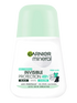 Biała butelka dezodorantu w kulce Garnier Mineral Invisible Protection z jasnozielonym kapslem, na czarnym tle