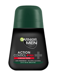 Ciemnoszara butelka dezodorantu w kulce Garnier Men Action Control z ciemnozielonym kapslem, na białym tle