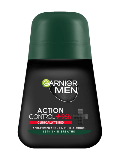 Ciemnoszara butelka dezodorantu w kulce Garnier Men Action Control z ciemnozielonym kapslem, na białym tle