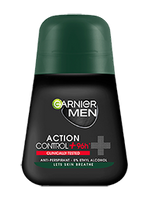 Ciemnoszara butelka dezodorantu w kulce Garnier Men Action Control z ciemnozielonym kapslem, na białym tle