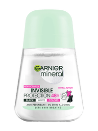Biała butelka dezodorantu w kulce Garnier Mineral Invisible Protection z jasnozielonym kapslem