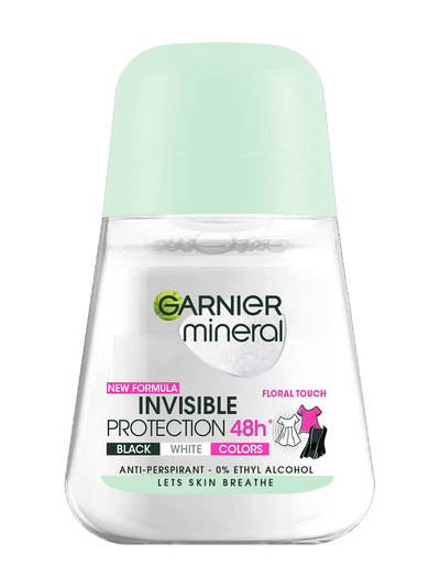 Biała butelka dezodorantu w kulce Garnier Mineral Invisible Protection z jasnozielonym kapslem