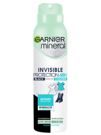Biało-jasnozielona puszka dezodorantu Garnier Mineral Invisible z ilustracjami ubrań