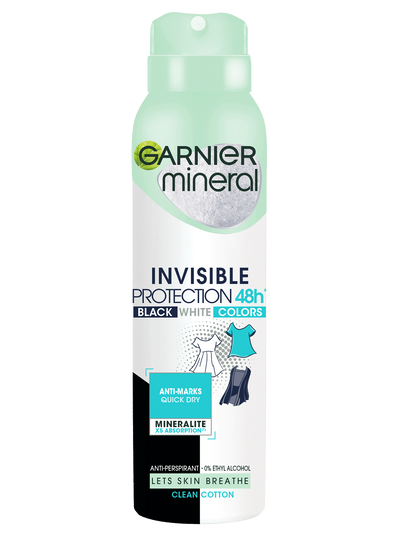 Biało-jasnozielona puszka dezodorantu Garnier Mineral Invisible z ilustracjami ubrań