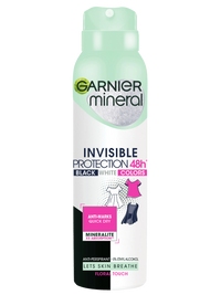 Biała puszka dezodorantu w sprayu Garnier Mineral Invisible z jasnozielonym kapslem, na czarnym tle
