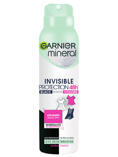 Biała puszka dezodorantu w sprayu Garnier Mineral Invisible z jasnozielonym kapslem, na czarnym tle