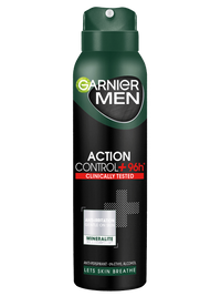 Ciemnozielono-czarna puszka dezodorantu Garnier Men Action Control+, na białym tle