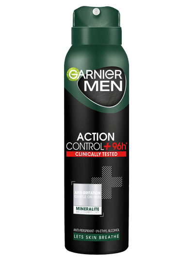 Ciemnozielono-czarna puszka dezodorantu Garnier Men Action Control+, na białym tle